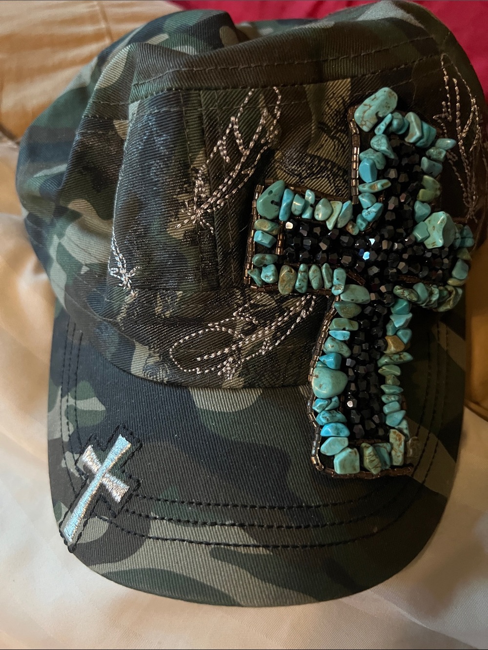 Camouflage Cap with Turquoise Beaded Cross